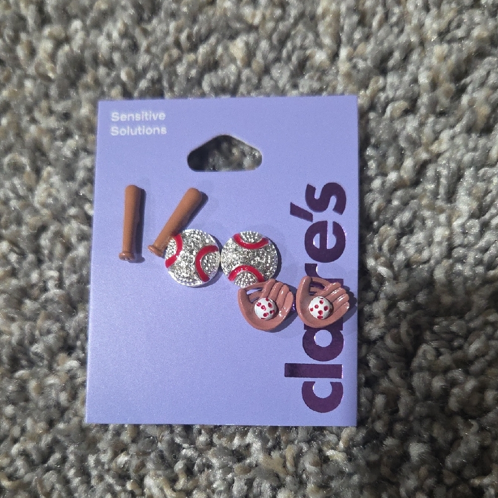 Claire's Silver and Brown Baseball Earring Set For Sensitive Ears
